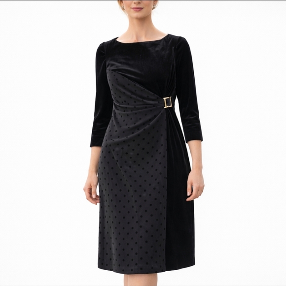 Tahari Dresses & Skirts - Velvet Polka Dots Black Dress Tahari Side Ruched Party Office Siren Dress 6P